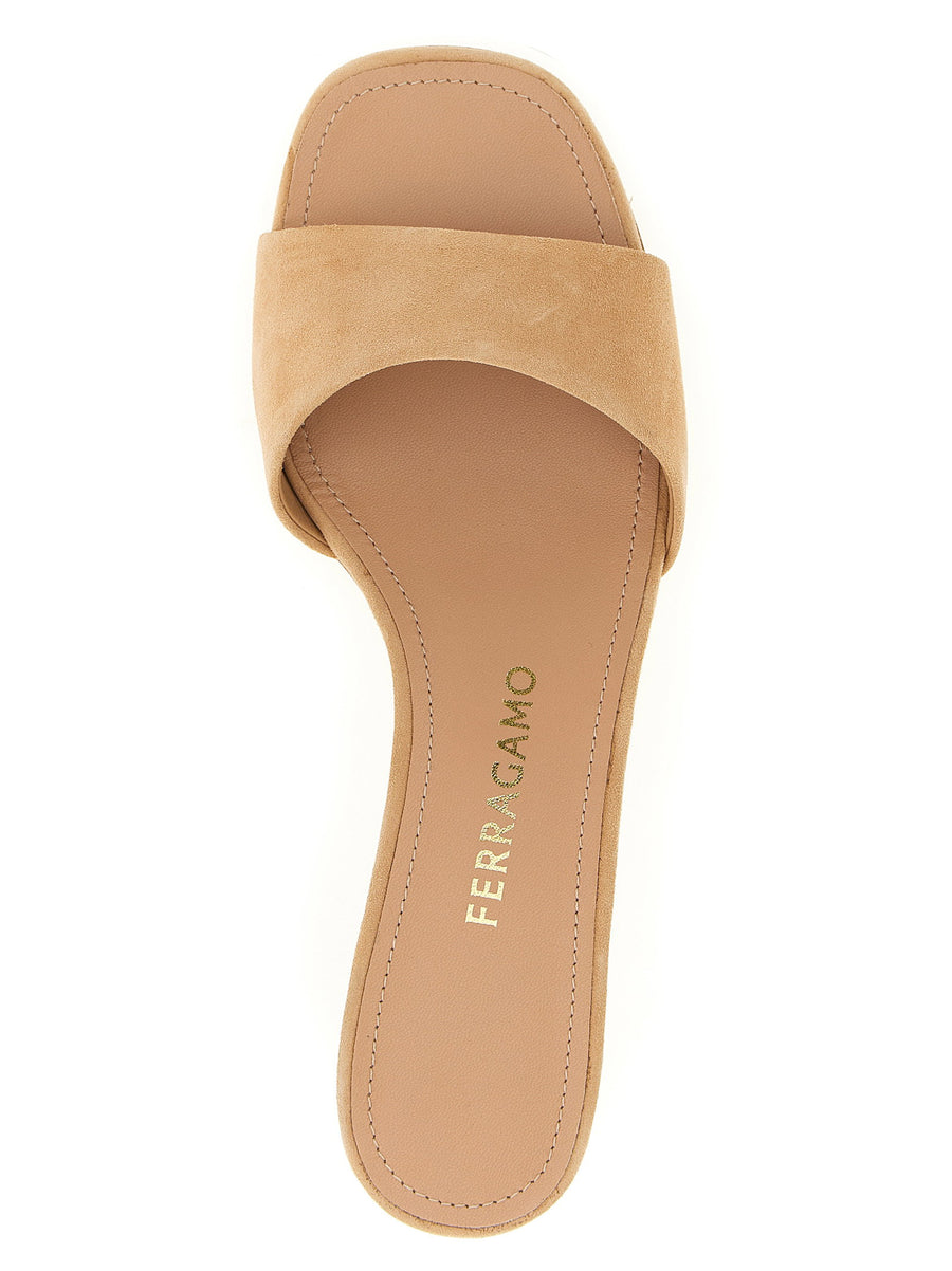 Ferragamo Tatiana Suede Sandals For Women With Leather Sole Beige Heeled Luxury Footwear