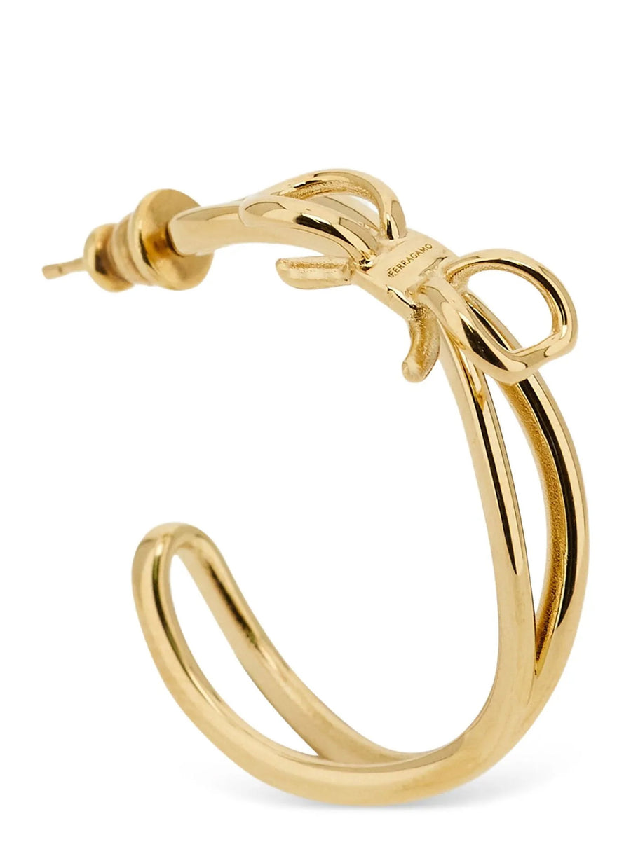 Ferragamo Bow Earrings Luxurious Versatile Gold Tone Brass Hoops with Bow Motif for Women Everyday Wear