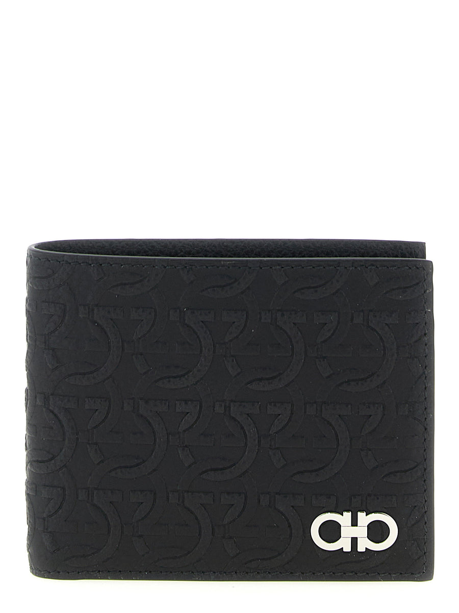 Ferragamo Gancini Wallet for Men Luxurious Black Calfskin with Embossed Gancini Book Opening Design