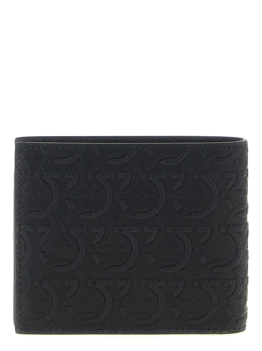 Ferragamo Gancini Wallet for Men Luxurious Black Calfskin with Embossed Gancini Book Opening Design