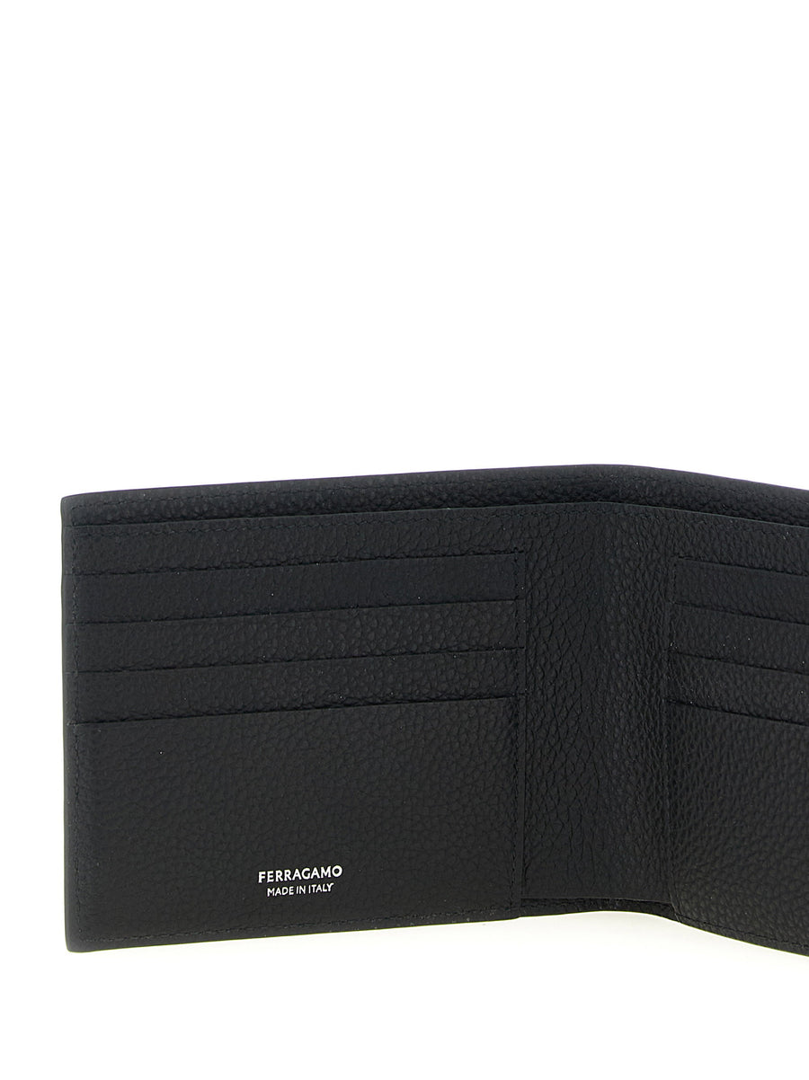 Ferragamo Gancini Wallet for Men Luxurious Black Calfskin with Embossed Gancini Book Opening Design