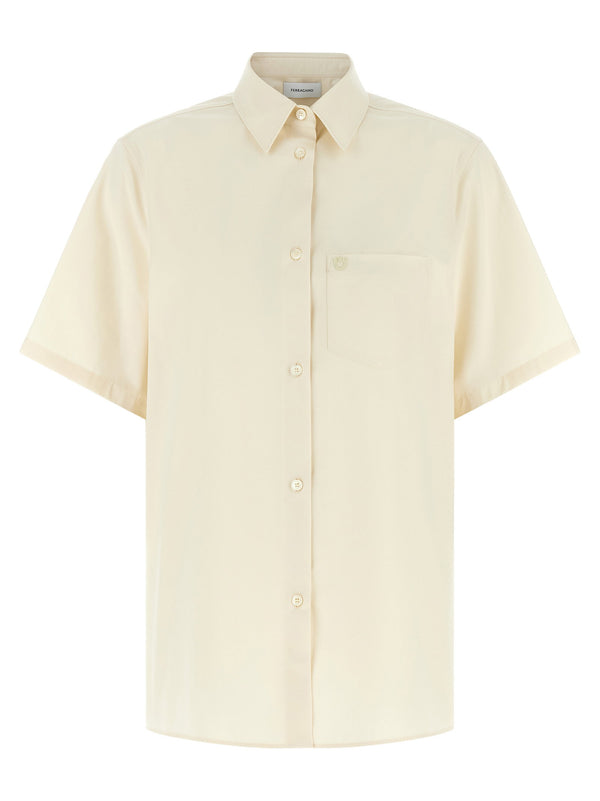 Ferragamo Gancini Shirt Beige Cotton Silk Blend Short Sleeve For Women
