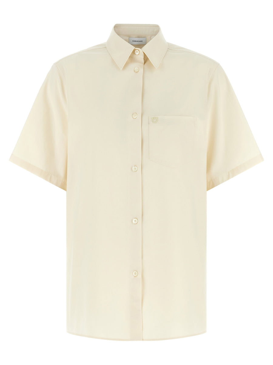 Ferragamo Gancini Shirt Beige Cotton Silk Blend Short Sleeve For Women
