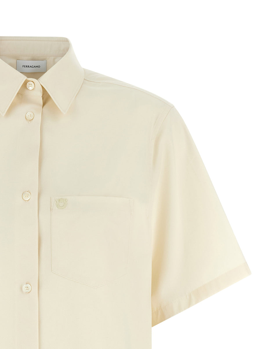 Ferragamo Gancini Shirt Beige Cotton Silk Blend Short Sleeve For Women