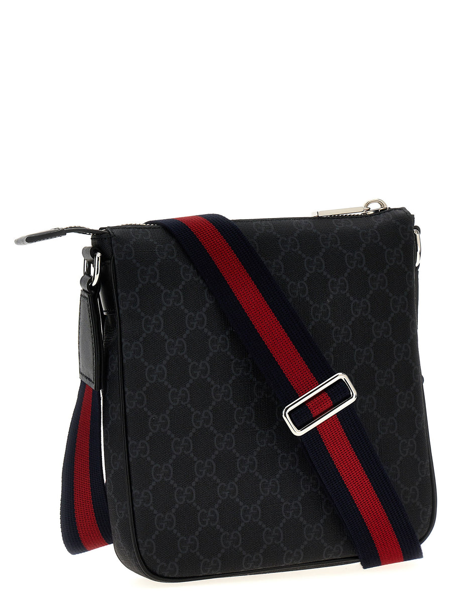 Gucci GG Supreme Crossbody Bag Black Leather Zip Closure Adjustable Strap