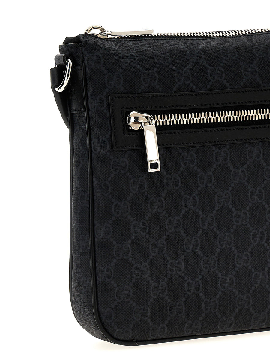 Gucci GG Supreme Crossbody Bag Black Leather Zip Closure Adjustable Strap