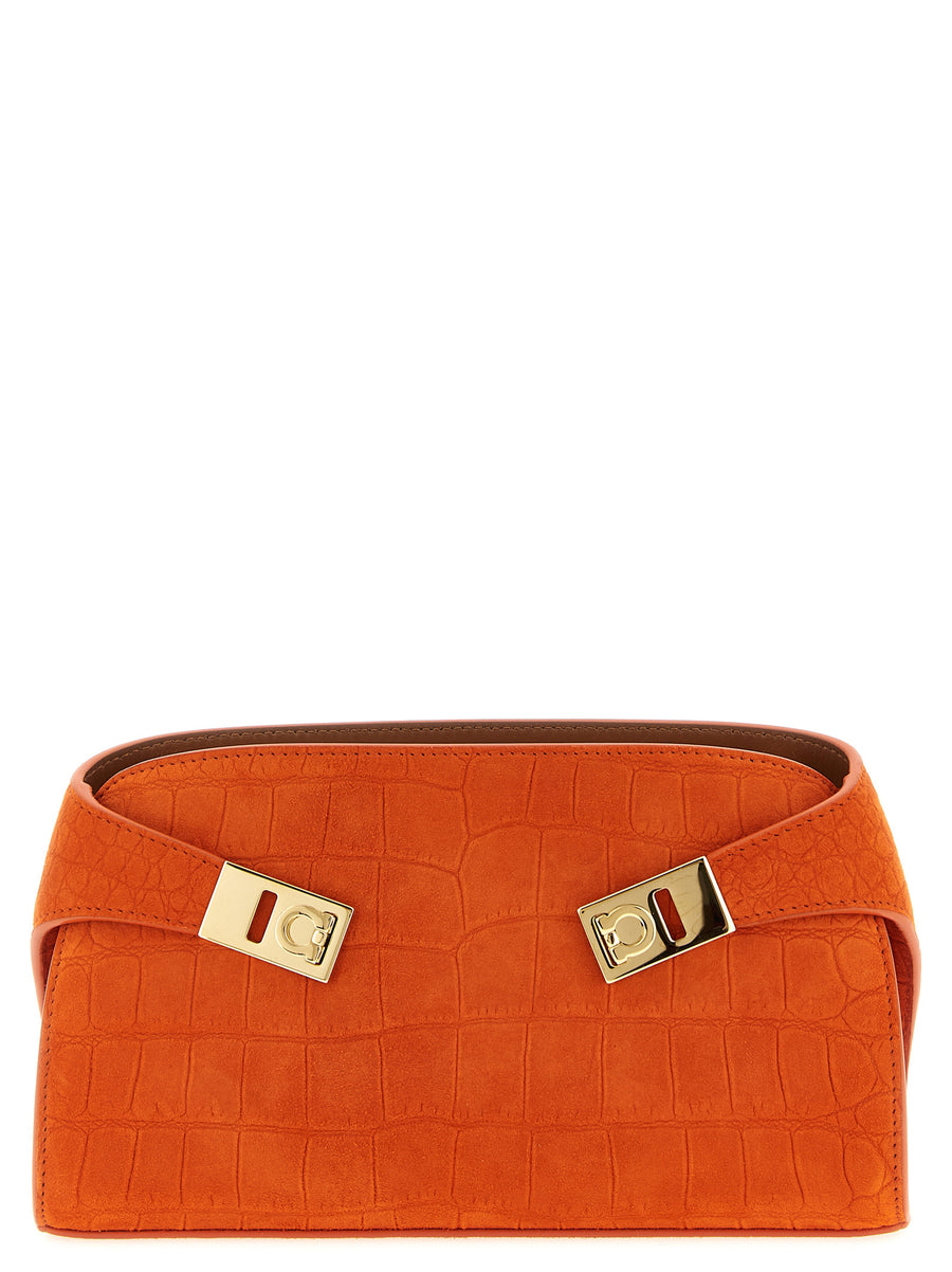 Ferragamo Hug Mini Crossbody Bag For Women, Orange Crocodile-Print Goat Leather, Compact Luxury
