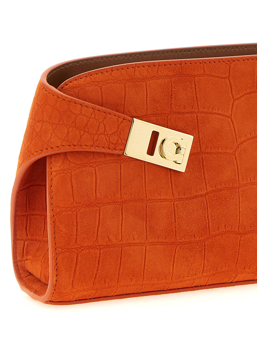 Ferragamo Hug Mini Crossbody Bag For Women, Orange Crocodile-Print Goat Leather, Compact Luxury
