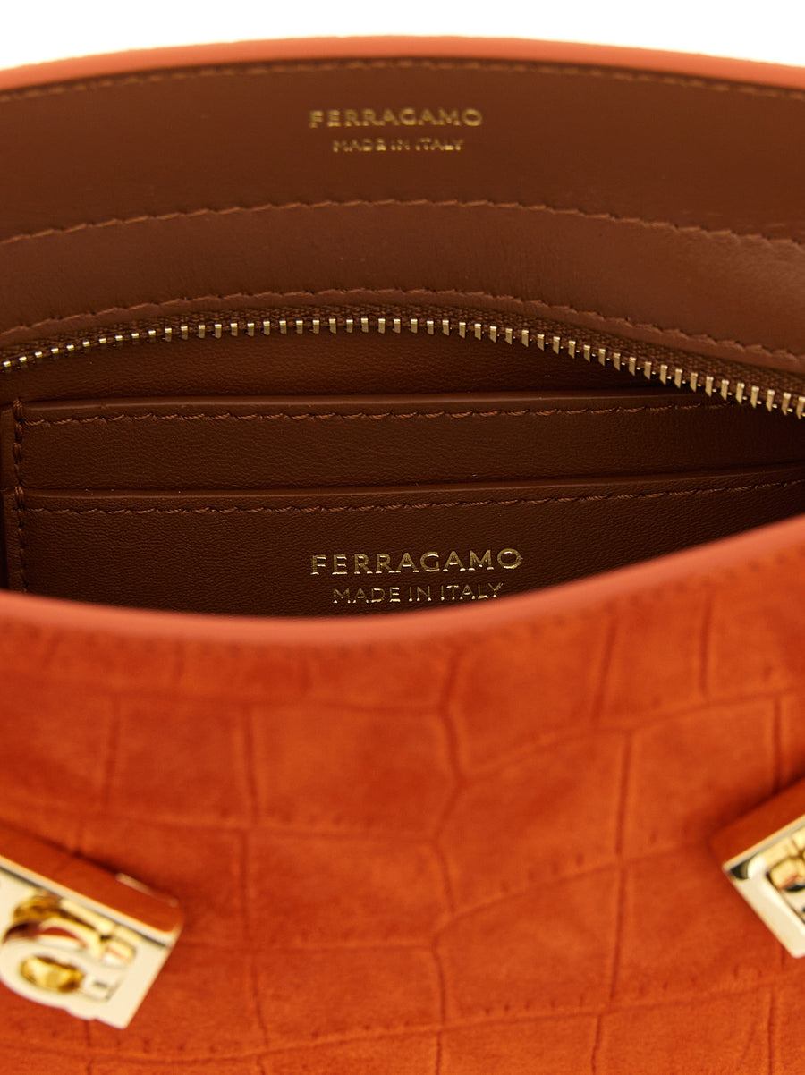 Ferragamo Hug Mini Crossbody Bag For Women, Orange Crocodile-Print Goat Leather, Compact Luxury
