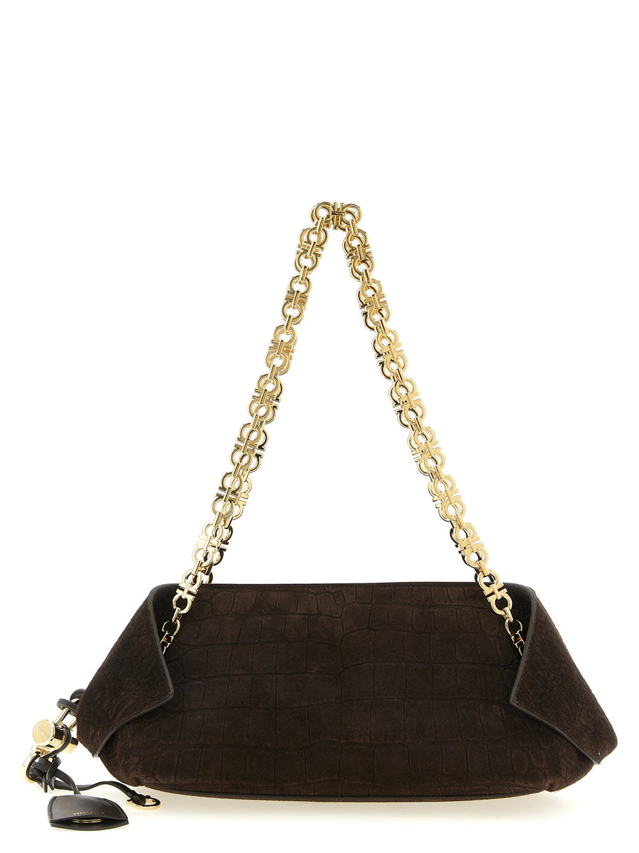 Ferragamo Crocodile Effect Suede Shoulder Bag For Women With Folded Corners Everyday Luxury