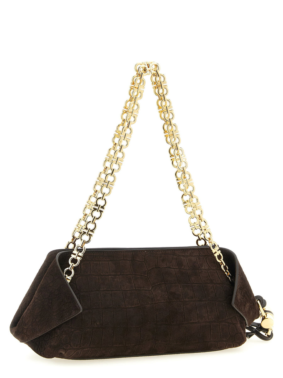 Ferragamo Crocodile Effect Suede Shoulder Bag For Women With Folded Corners Everyday Luxury