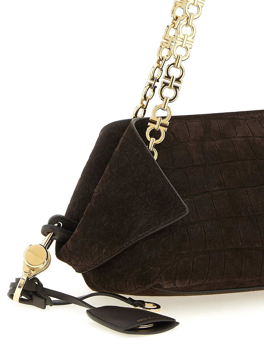 Ferragamo Crocodile Effect Suede Shoulder Bag For Women With Folded Corners Everyday Luxury