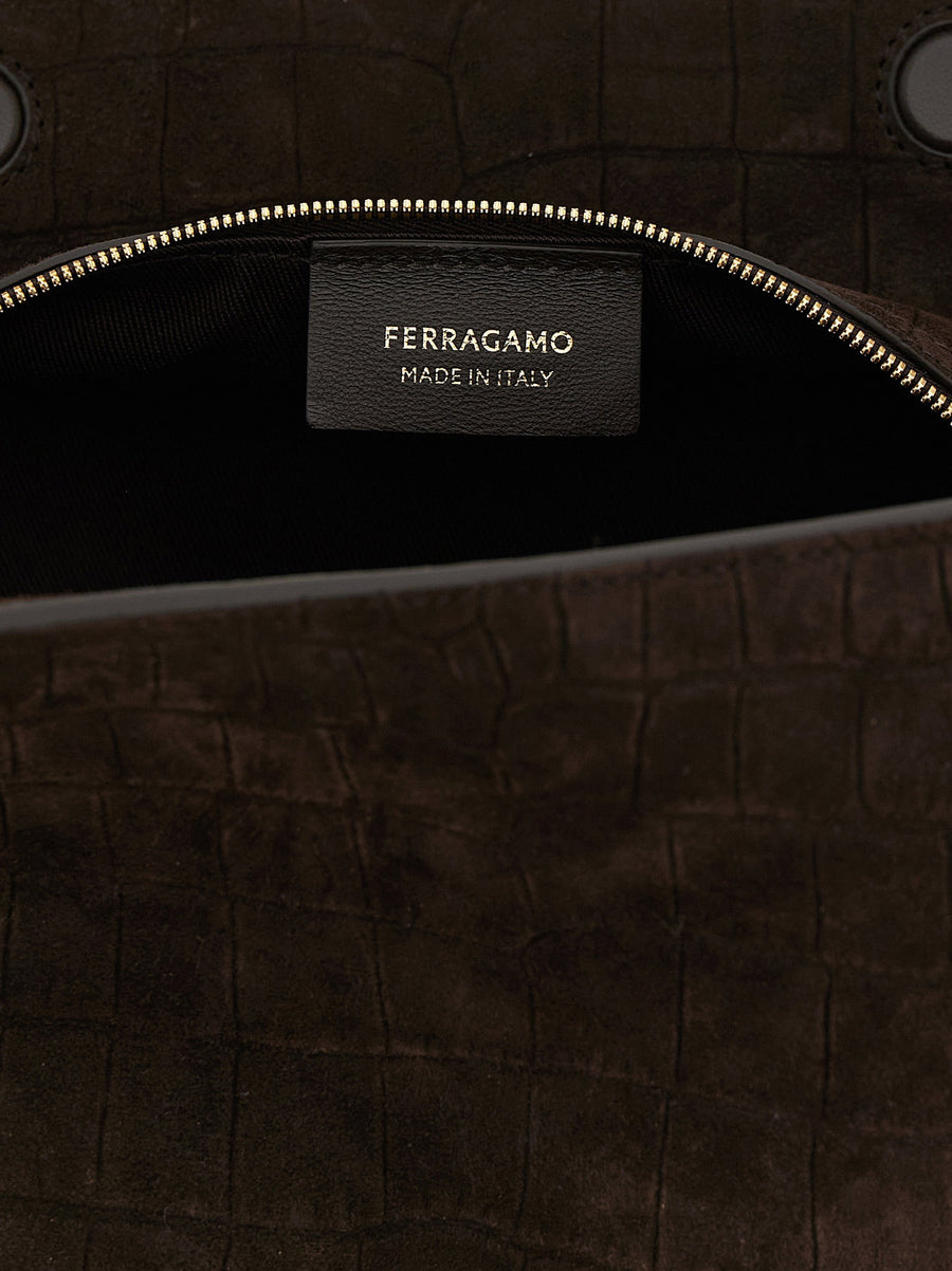 Ferragamo Crocodile Effect Suede Shoulder Bag For Women With Folded Corners Everyday Luxury
