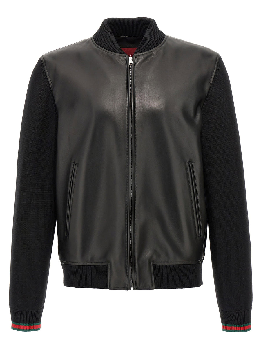 Gucci Bimaterial Bomber Jacket Black Nappa And Knit