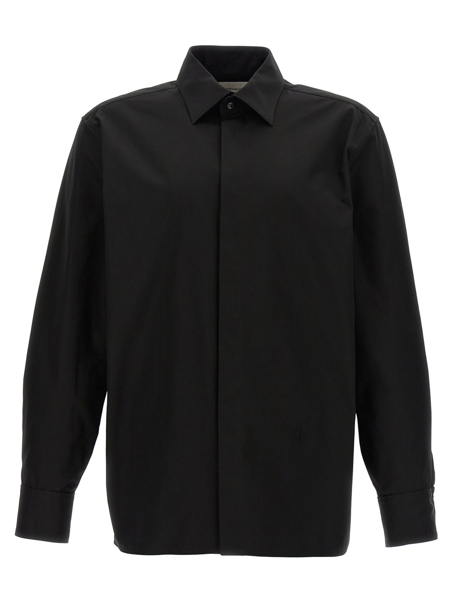 Saint Laurent Cassandre Shirt Black Cotton With Button Closure Tonal Logo Embroidery For Men Modern Silhouette