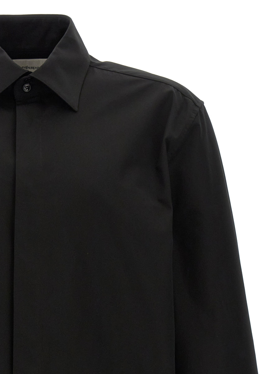 Saint Laurent Cassandre Shirt Black Cotton With Button Closure Tonal Logo Embroidery For Men Modern Silhouette