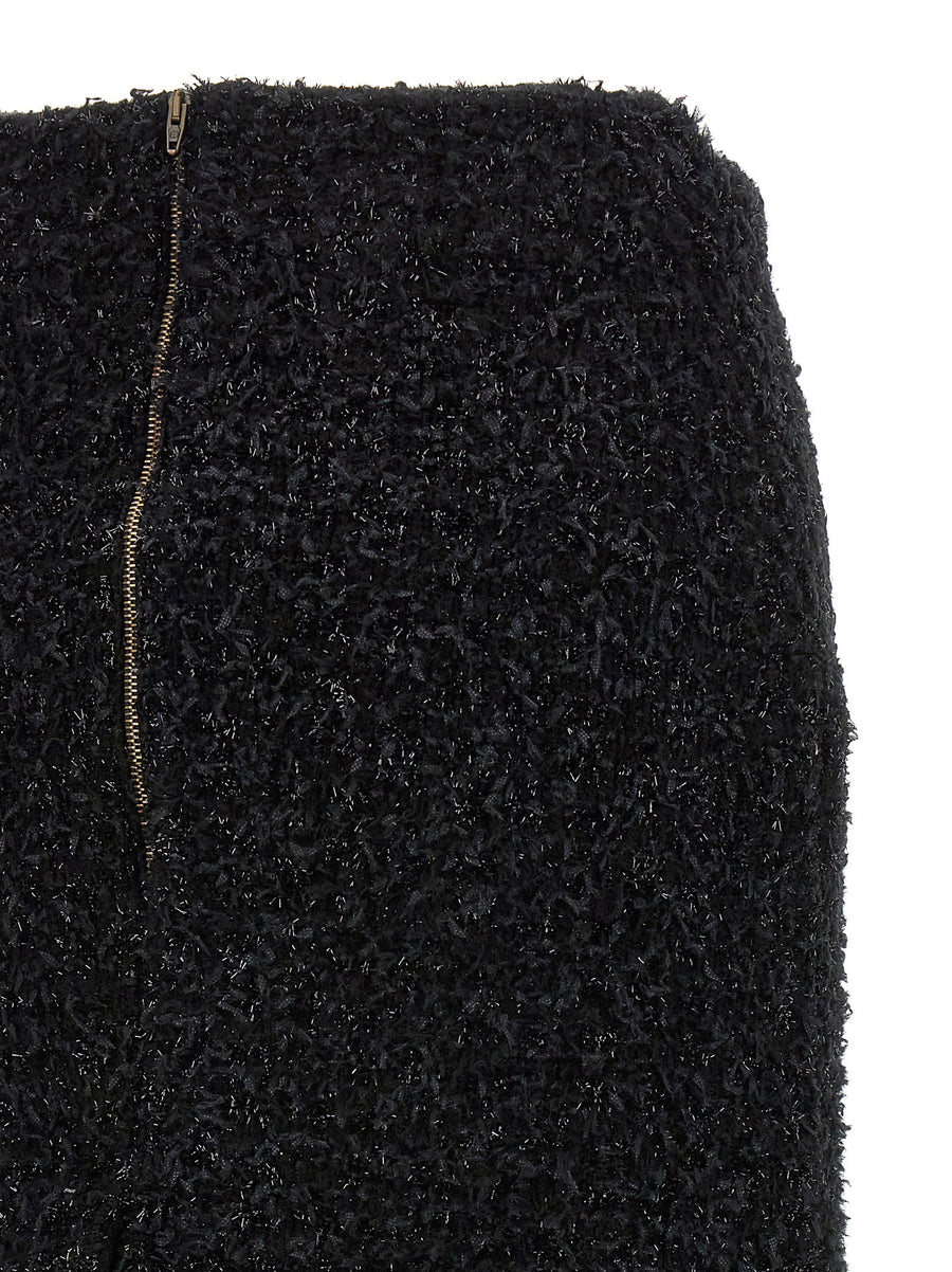 Balenciaga Tweed Midi Skirt Black With Zip Closure And Back Slit Tailored For Women