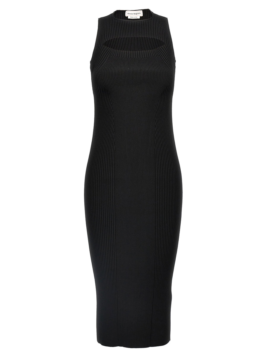 Alexander McQueen Ribbed Knit Dress Front Cutout Sleeveless Midi For Women Luxurious Chic