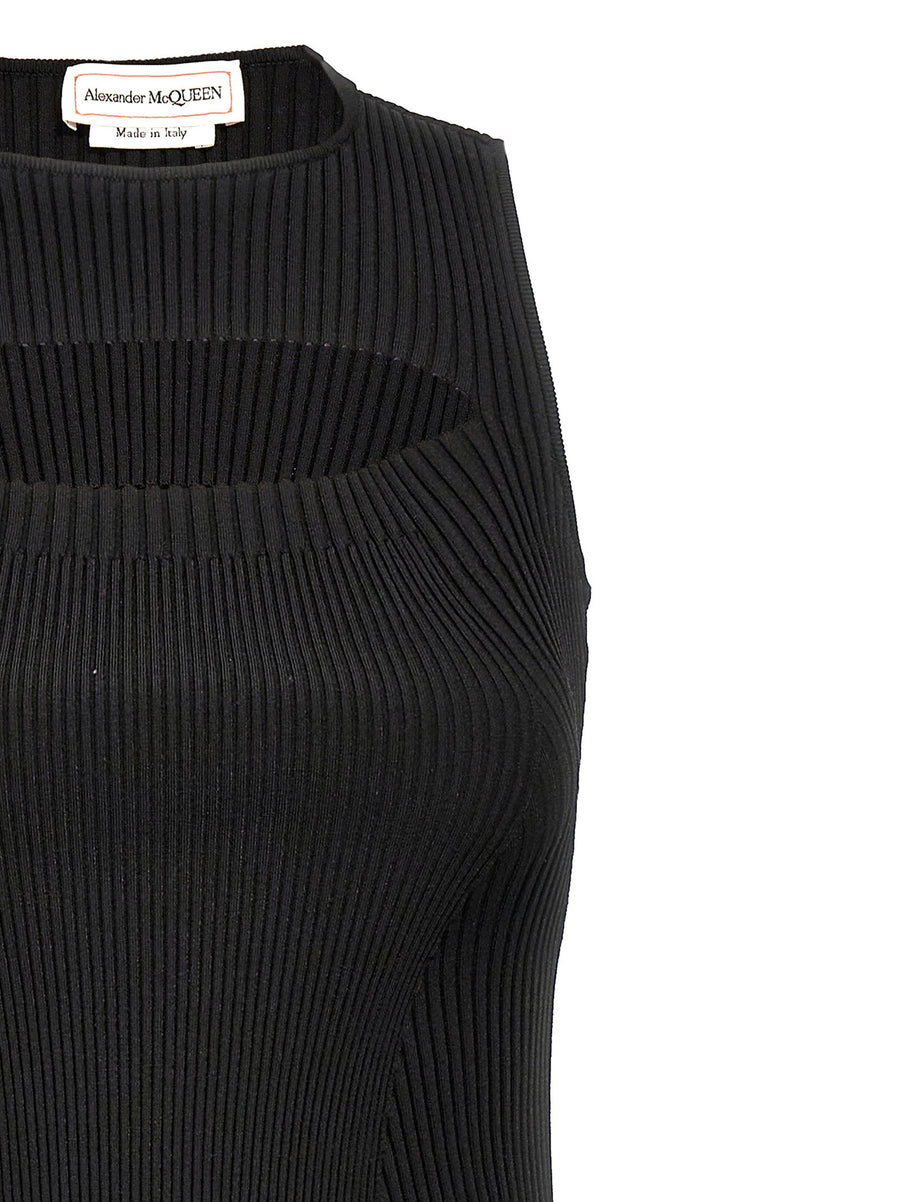 Alexander McQueen Ribbed Knit Dress Front Cutout Sleeveless Midi For Women Luxurious Chic