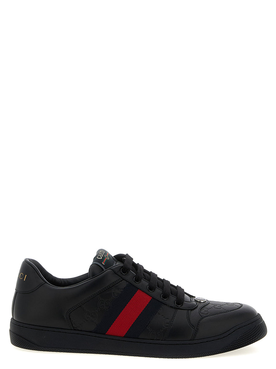 Gucci Screener Unisex Black Leather Sneakers With Embossed GG Inserts