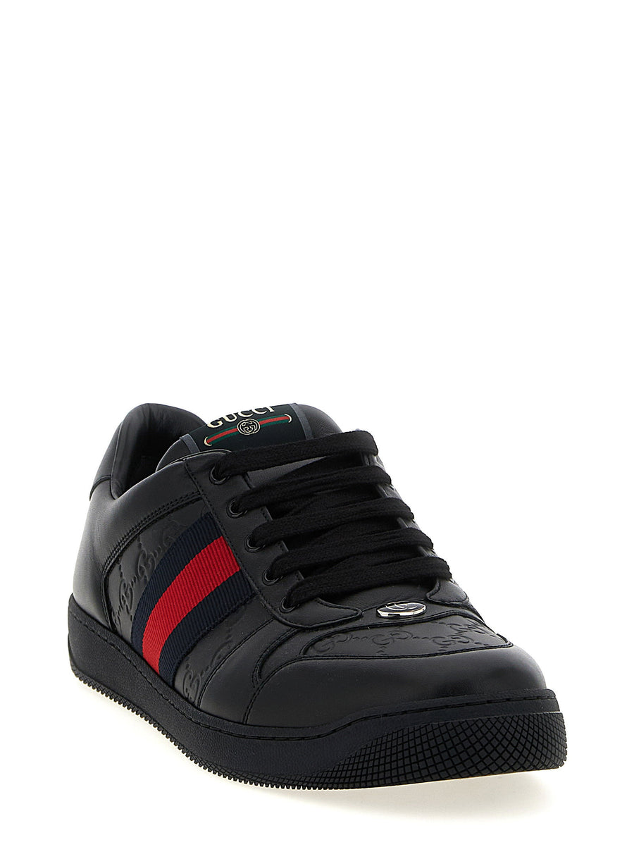 Gucci Screener Unisex Black Leather Sneakers With Embossed GG Inserts