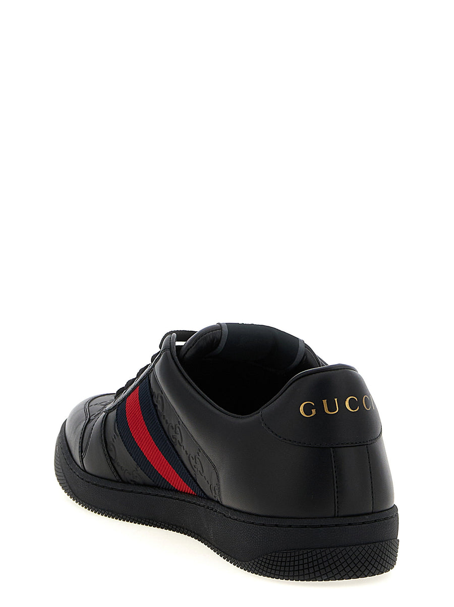 Gucci Screener Unisex Black Leather Sneakers With Embossed GG Inserts