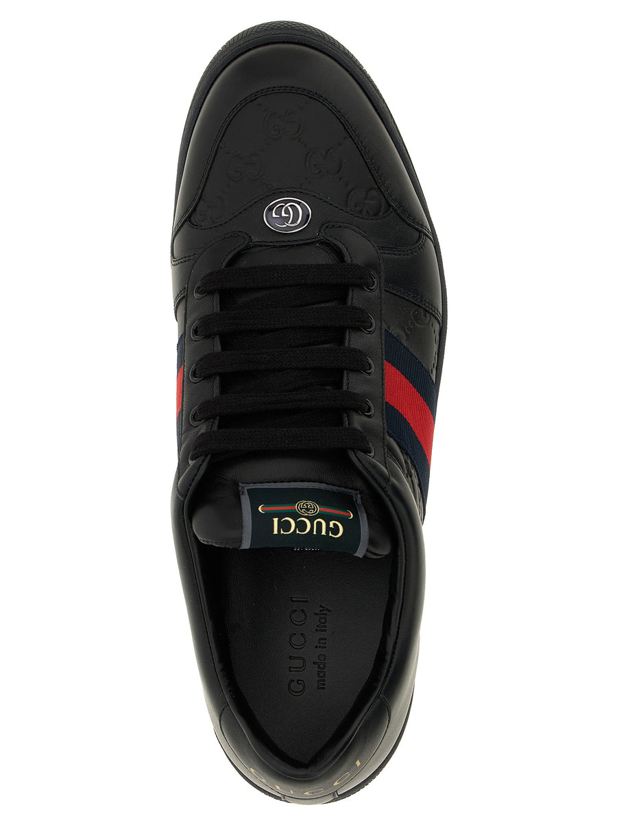 Gucci Screener Unisex Black Leather Sneakers With Embossed GG Inserts