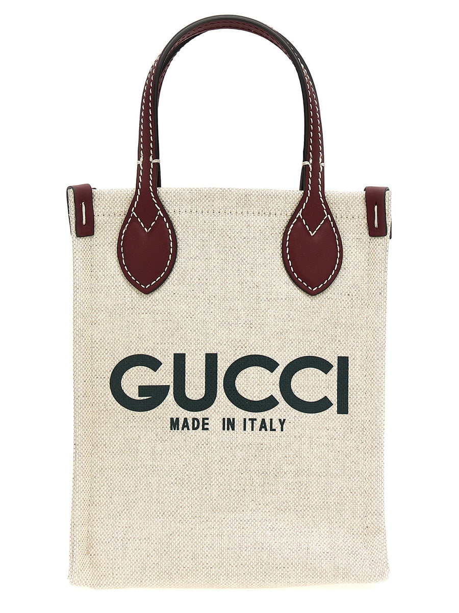 Gucci Beige Canvas Handbag With Front Logo Print And Leather Details One Size