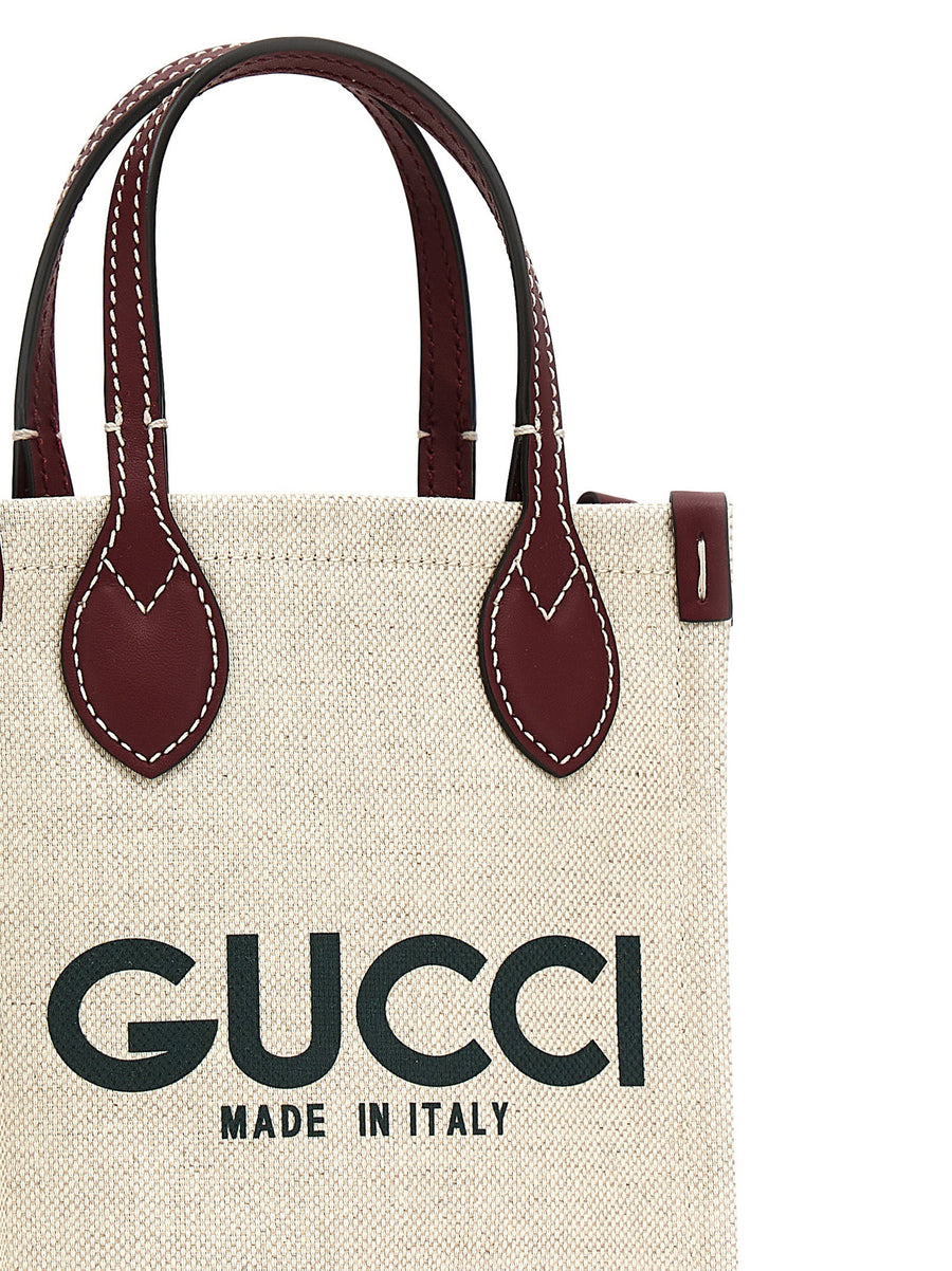 Gucci Beige Canvas Handbag With Front Logo Print And Leather Details One Size