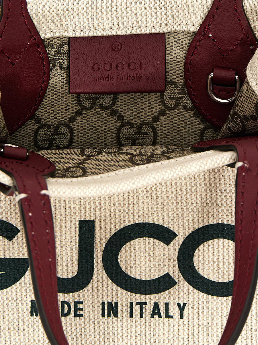 Gucci Beige Canvas Handbag With Front Logo Print And Leather Details One Size