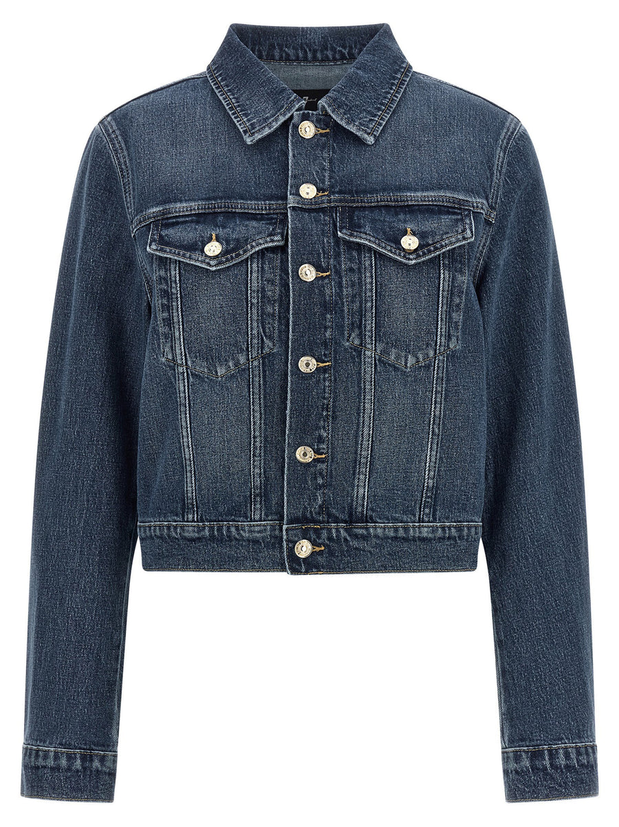 7 For All Mankind Darted Shrunken Denim Jacket For Women Chic Cropped Fit Dark Blue Wash