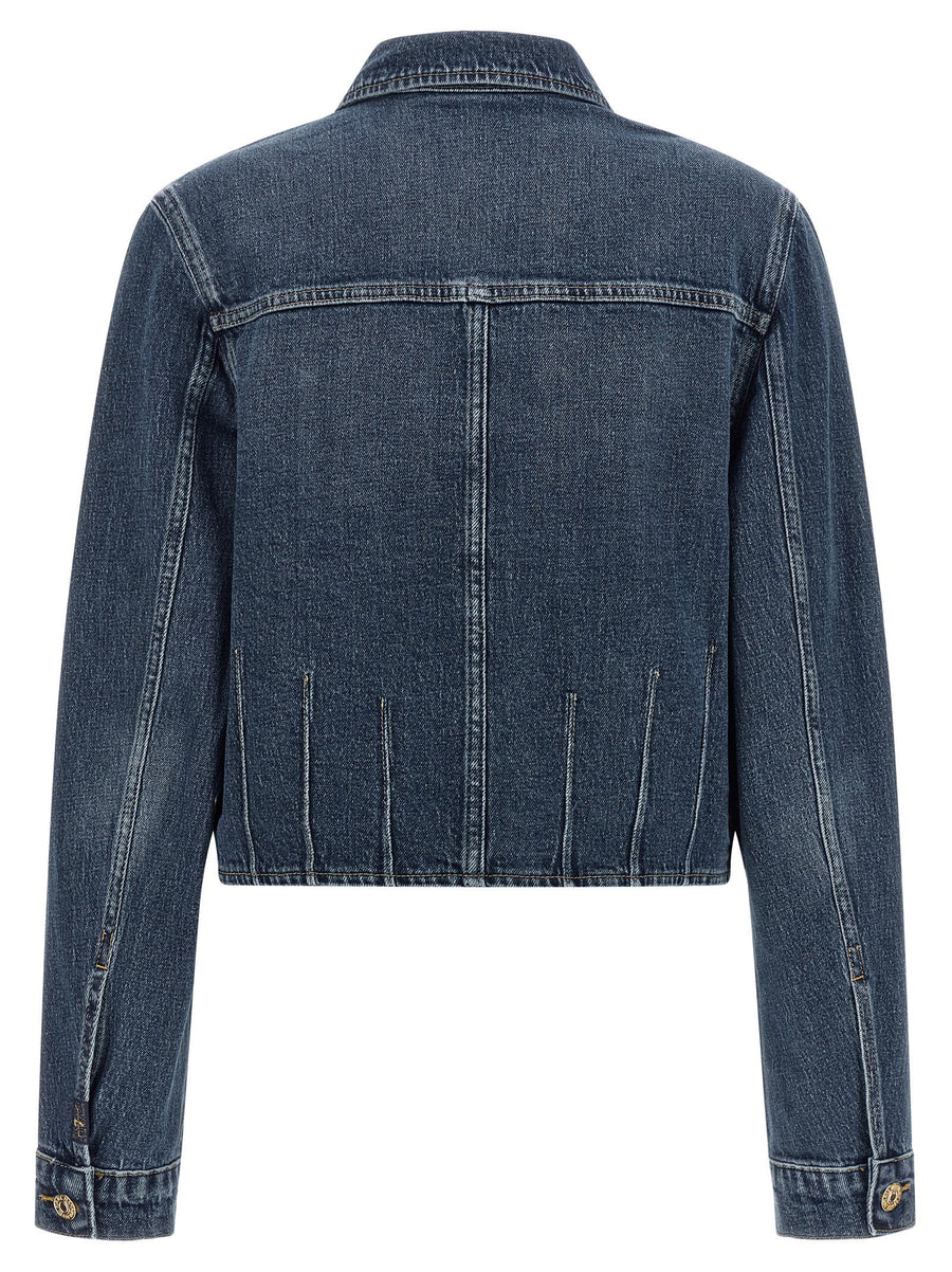 7 For All Mankind Darted Shrunken Denim Jacket For Women Chic Cropped Fit Dark Blue Wash