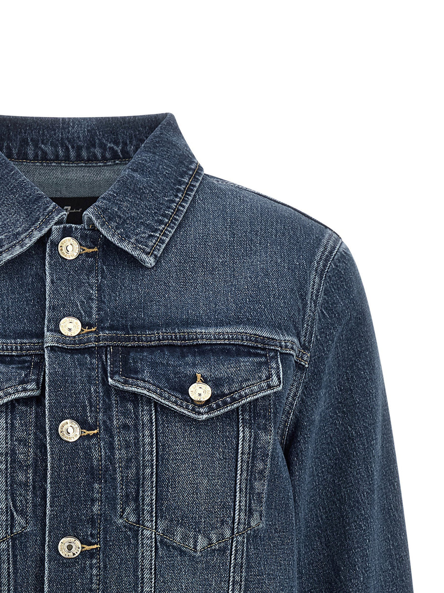 7 For All Mankind Darted Shrunken Denim Jacket For Women Chic Cropped Fit Dark Blue Wash