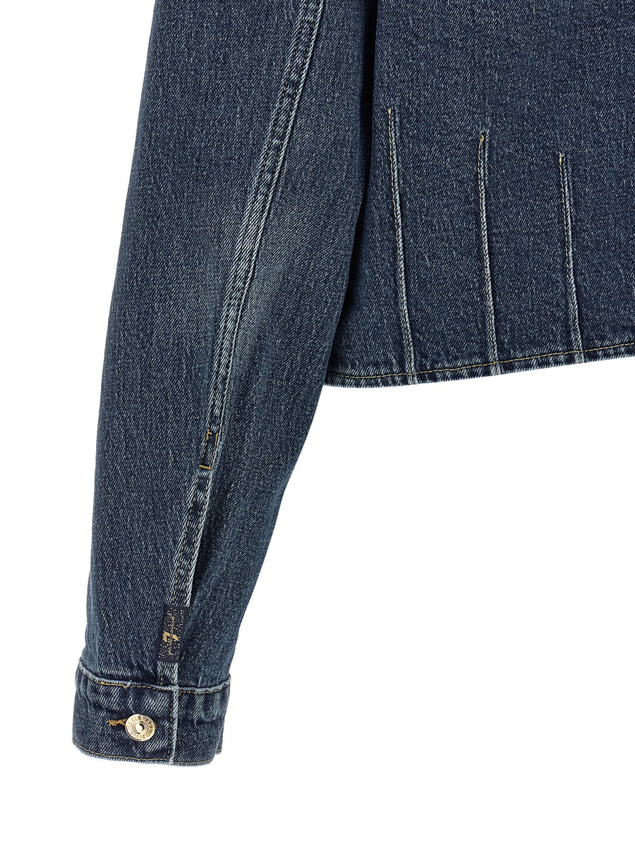 7 For All Mankind Darted Shrunken Denim Jacket For Women Chic Cropped Fit Dark Blue Wash