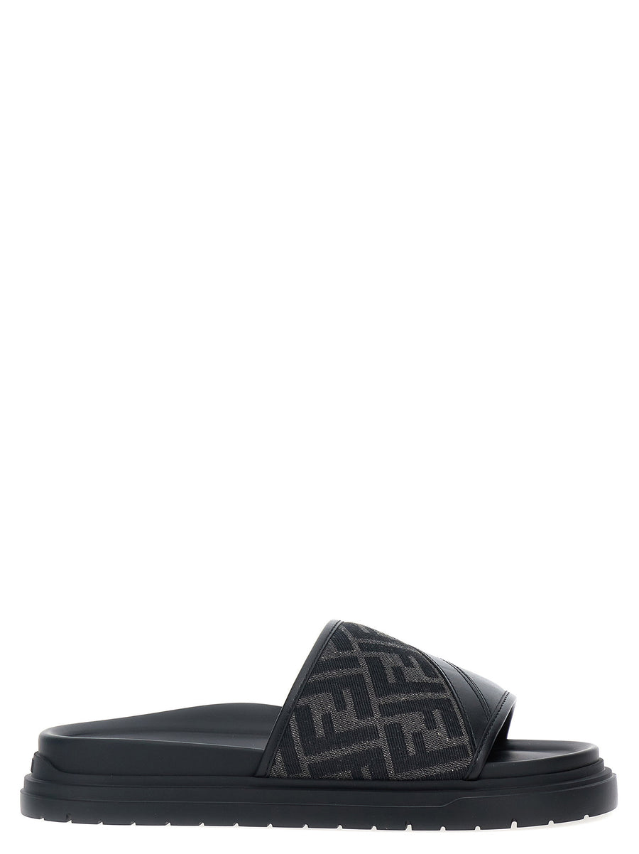 Fendi Diagonal Sandals Black FF Jacquard Leather Rubber Sole