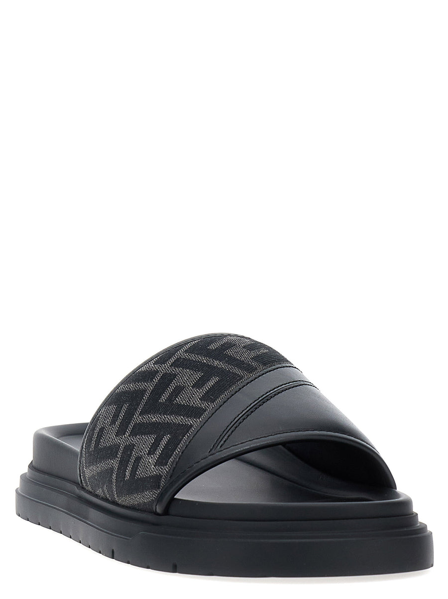 Fendi Diagonal Sandals Black FF Jacquard Leather Rubber Sole