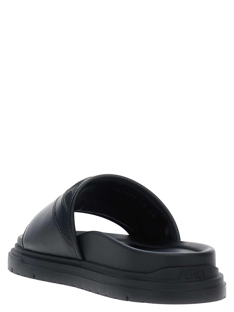 Fendi Diagonal Sandals Black FF Jacquard Leather Rubber Sole