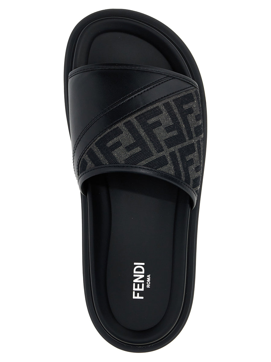 Fendi Diagonal Sandals Black FF Jacquard Leather Rubber Sole