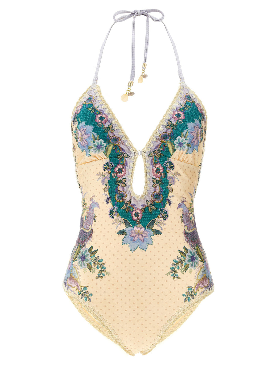 Zimmermann Indra Off Shoulder Multicolor Scarf Print One Piece Swimsuit