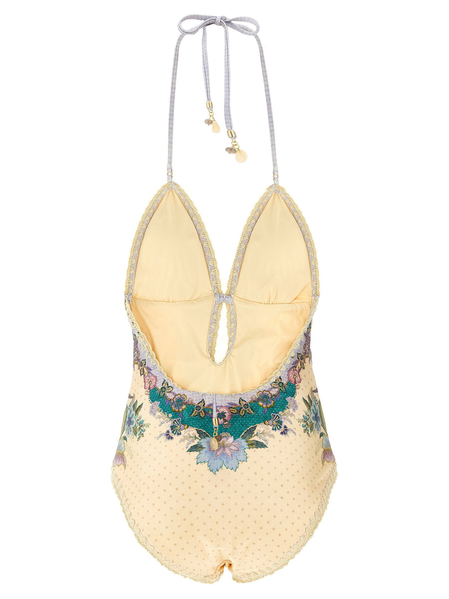 Zimmermann Indra Off Shoulder Multicolor Scarf Print One Piece Swimsuit