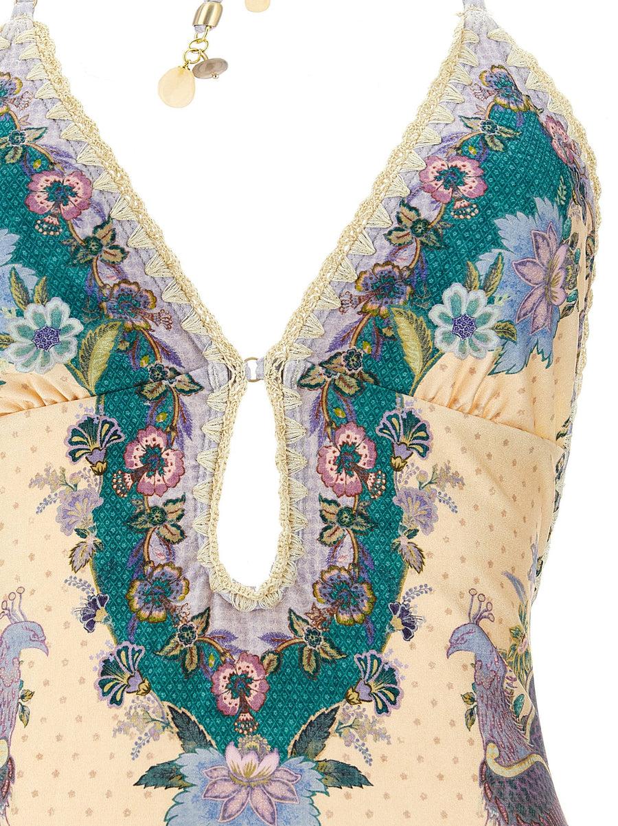 Zimmermann Indra Off Shoulder Multicolor Scarf Print One Piece Swimsuit