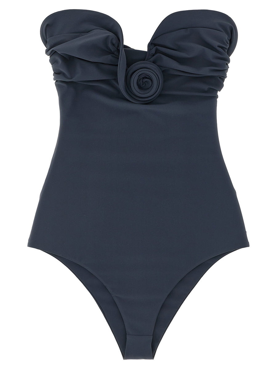 Magda Butrym 05 One Piece Swimsuit Gray Off Shoulder Sweetheart Neckline Flower