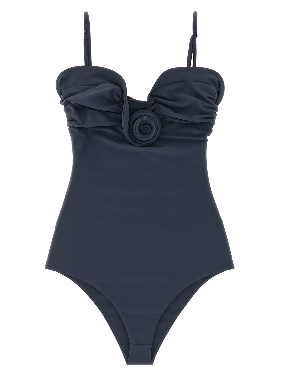 Magda Butrym 05 One Piece Swimsuit Gray Off Shoulder Sweetheart Neckline Flower