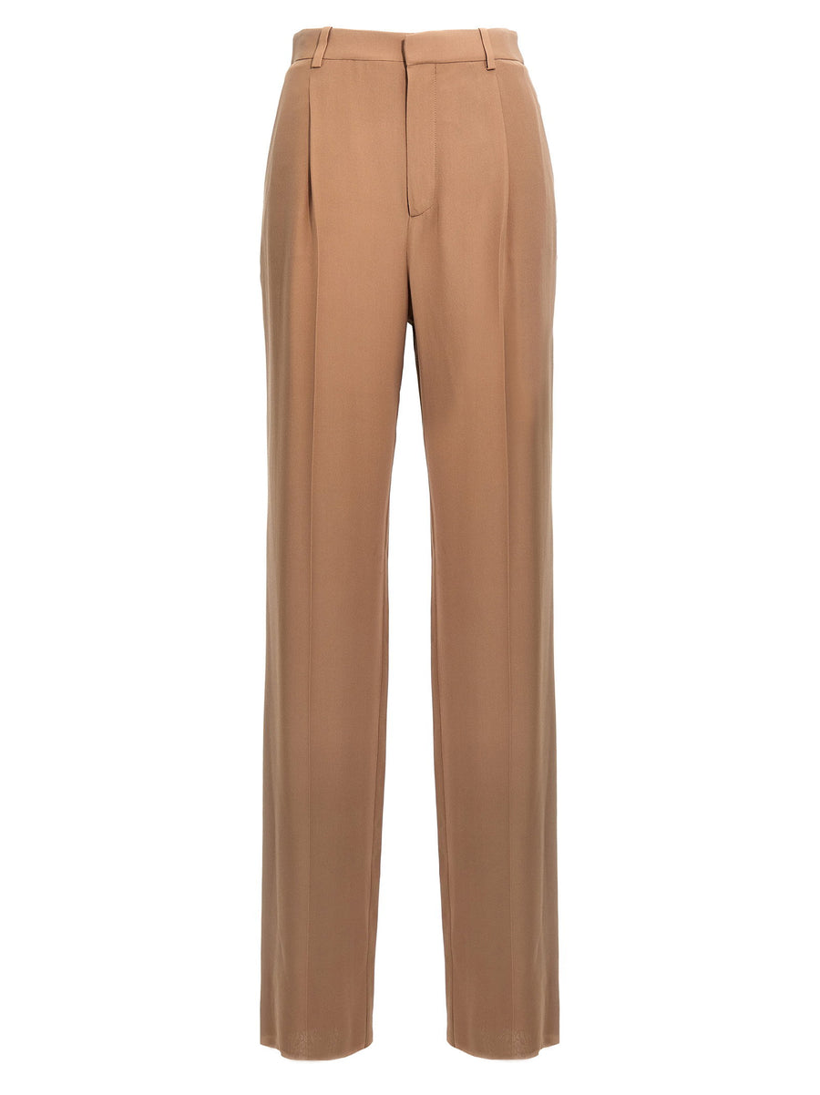 Saint Laurent Silk Crepe Pants For Women Beige Tailored Trousers With Pockets Zip Closure Luxe