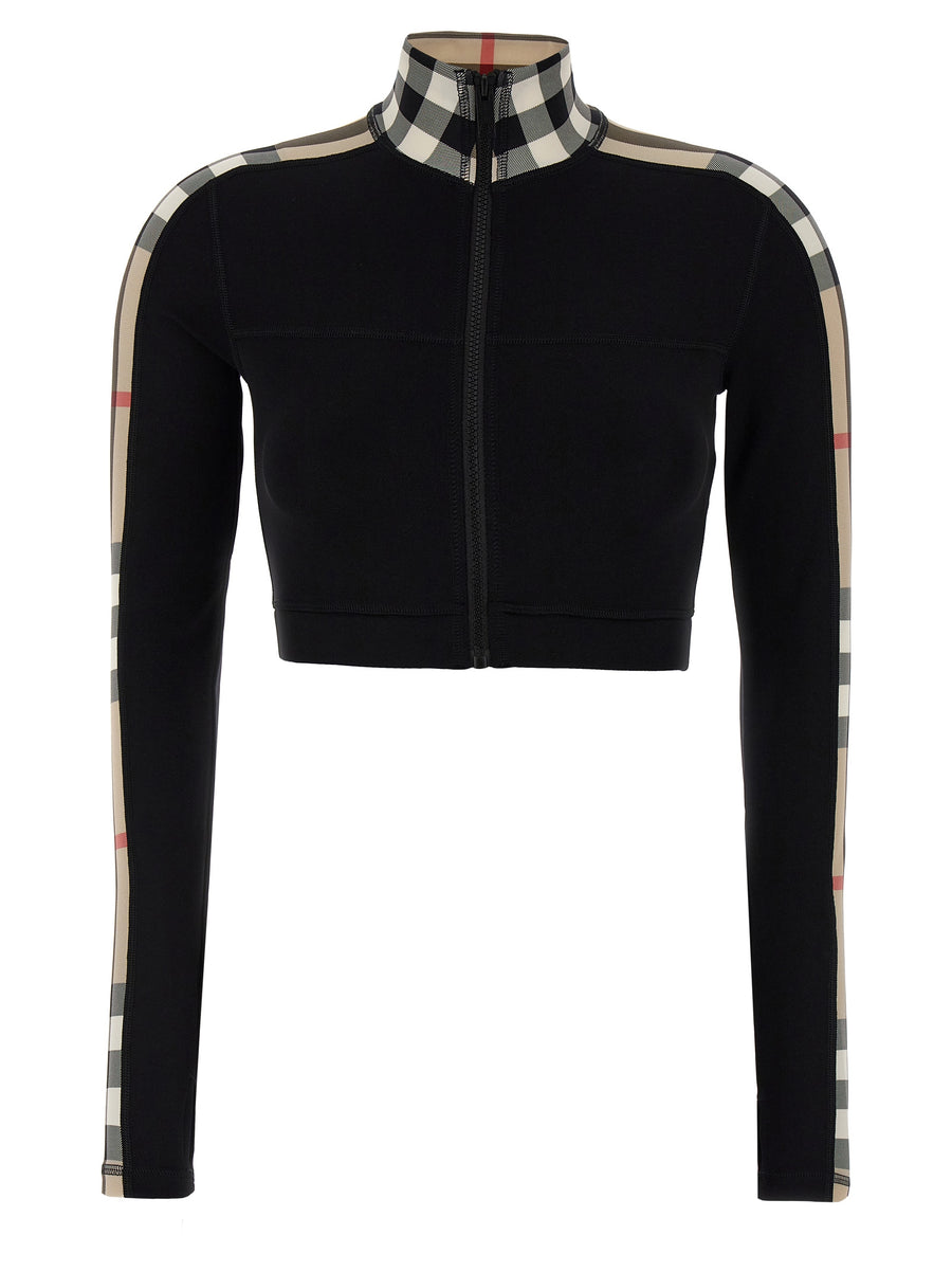 Burberry Cynthia Sweatshirt Cropped Stretch Jersey Top High Neck Zip For Women Luxurious Check Detailing