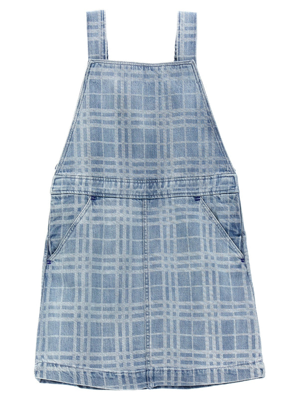 Burberry Maetine Dress for Girls Denim Dungaree Style with Iconic Check Print Light Blue Cotton