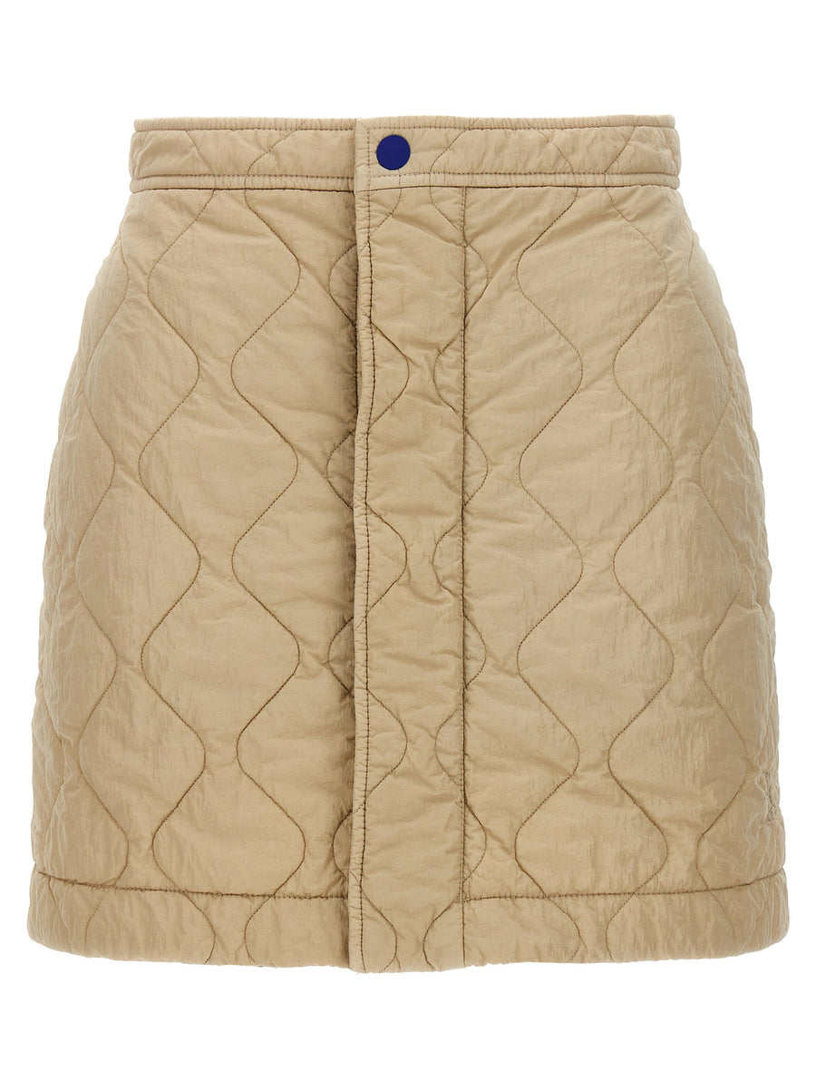 Burberry Luxurious Quilted Nylon Skirt For Women Beige Front Button Closure Pockets Logo Embroidery