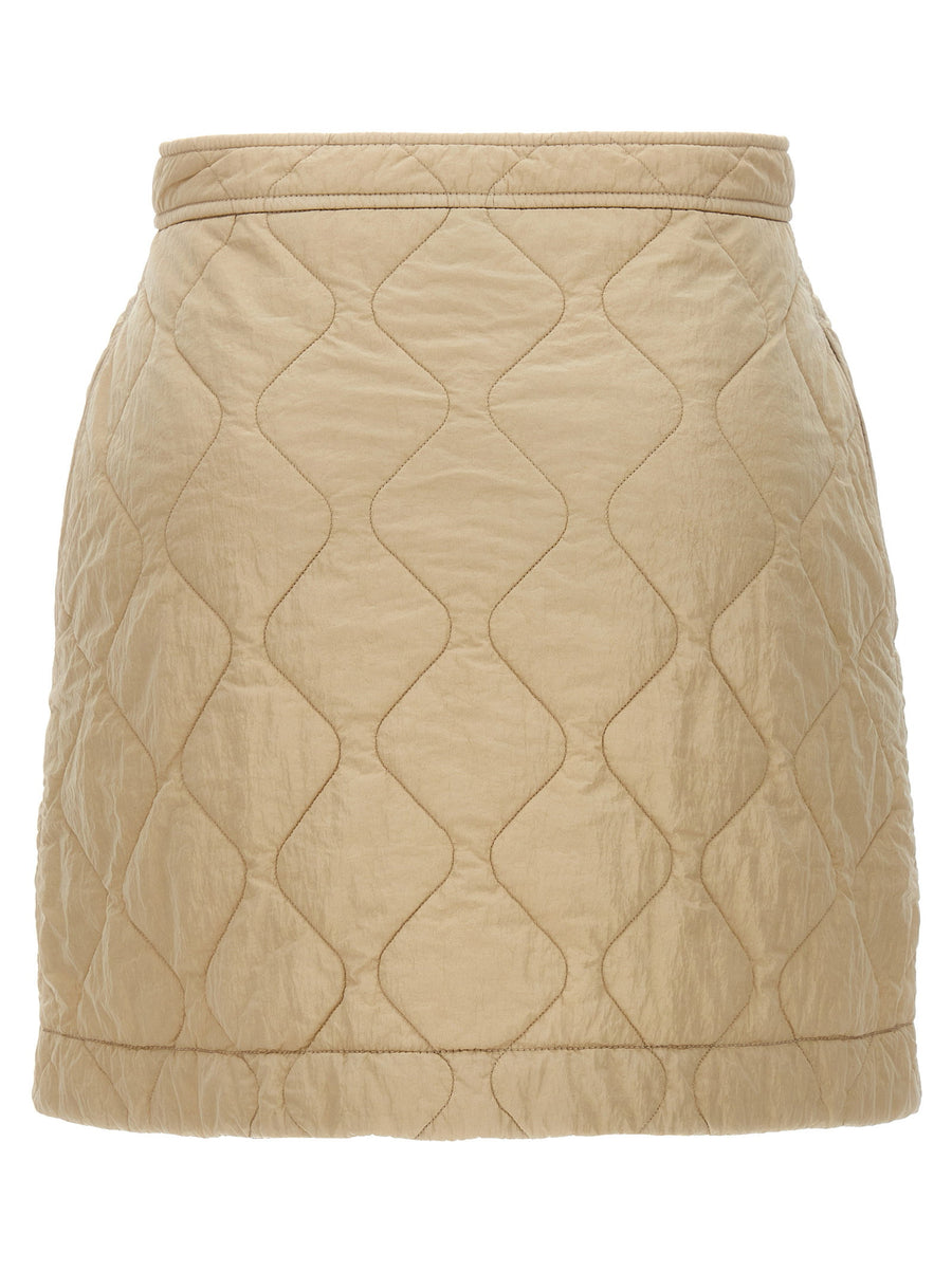 Burberry Luxurious Quilted Nylon Skirt For Women Beige Front Button Closure Pockets Logo Embroidery