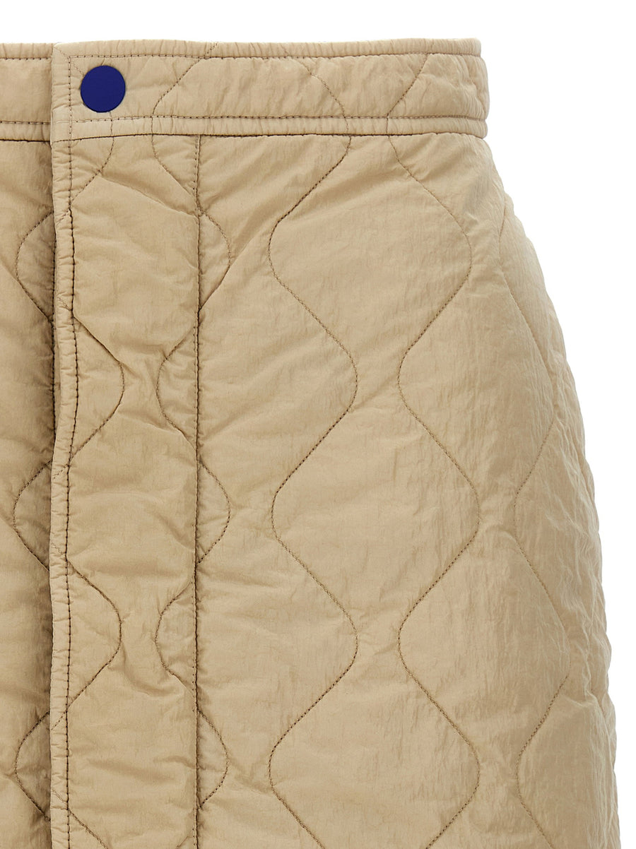 Burberry Luxurious Quilted Nylon Skirt For Women Beige Front Button Closure Pockets Logo Embroidery
