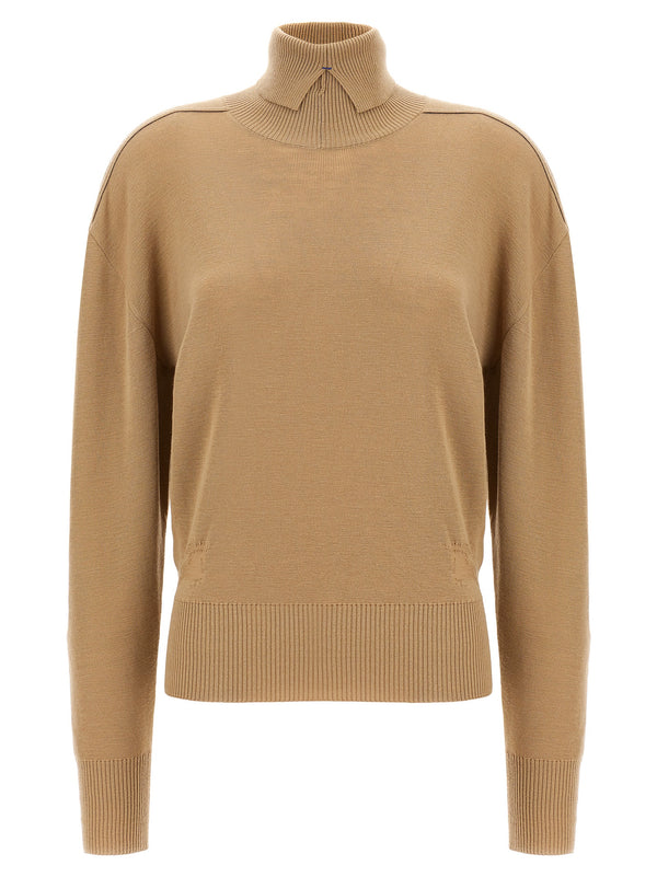Burberry Turtle Neck Sweater For Women Beige 100 Percent Wool Knit With Logo Intarsia Luxury Cold Weather